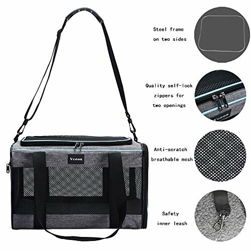 Portable pet carrier bag with mesh sides and strap, featuring self-lock zippers and safety leash.