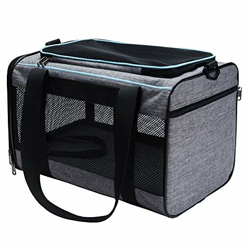 Gray portable pet carrier with mesh sides and black straps.